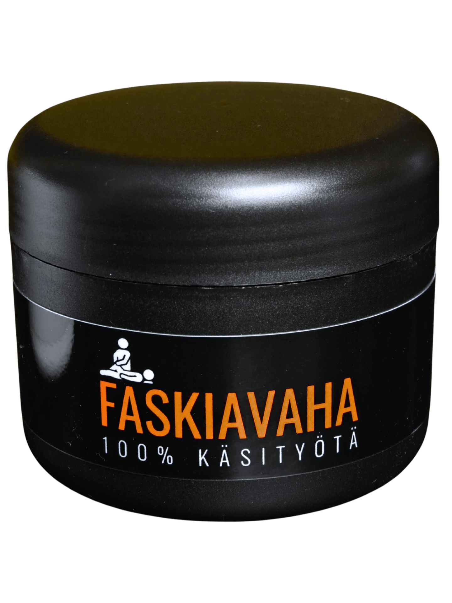 Musta 150 ml Faskiavaha-purkki oranssilla etiketillä